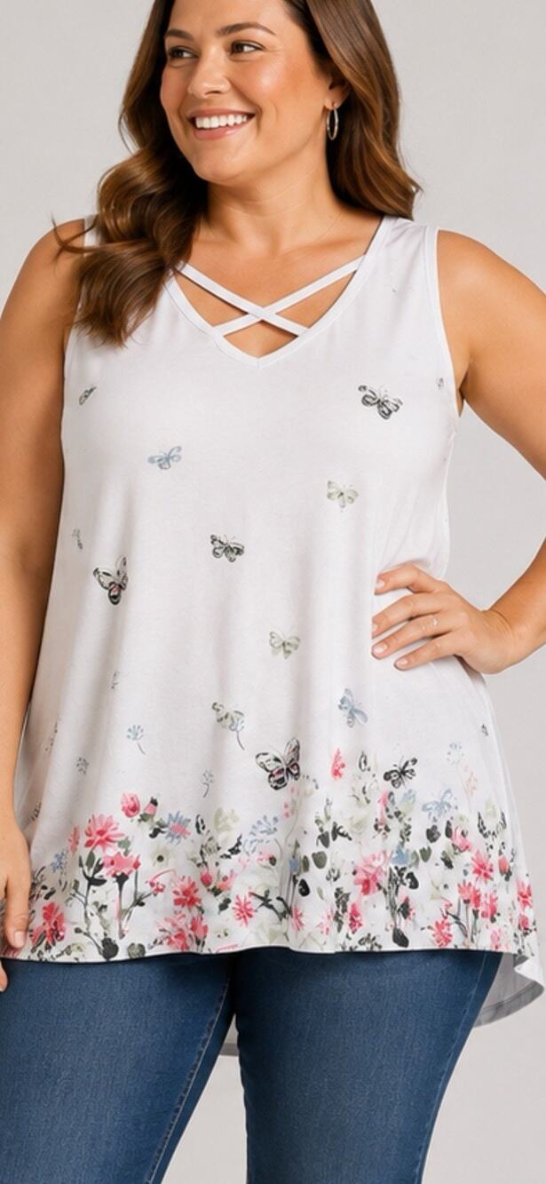 Yours Womens Plus Size Butterfly Floral Tank Top White Criss Cross V Neck 20